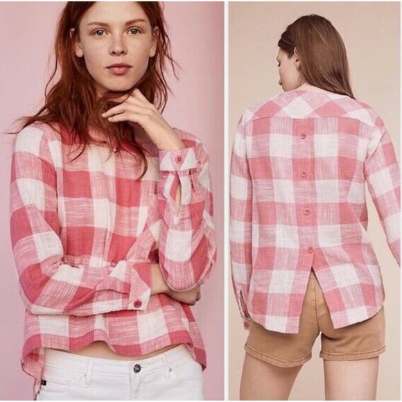 Cloth & Stone Linen Blend Picnic Gingham Plaid Shirt Button Back Pink White S - Picture 2 of 11